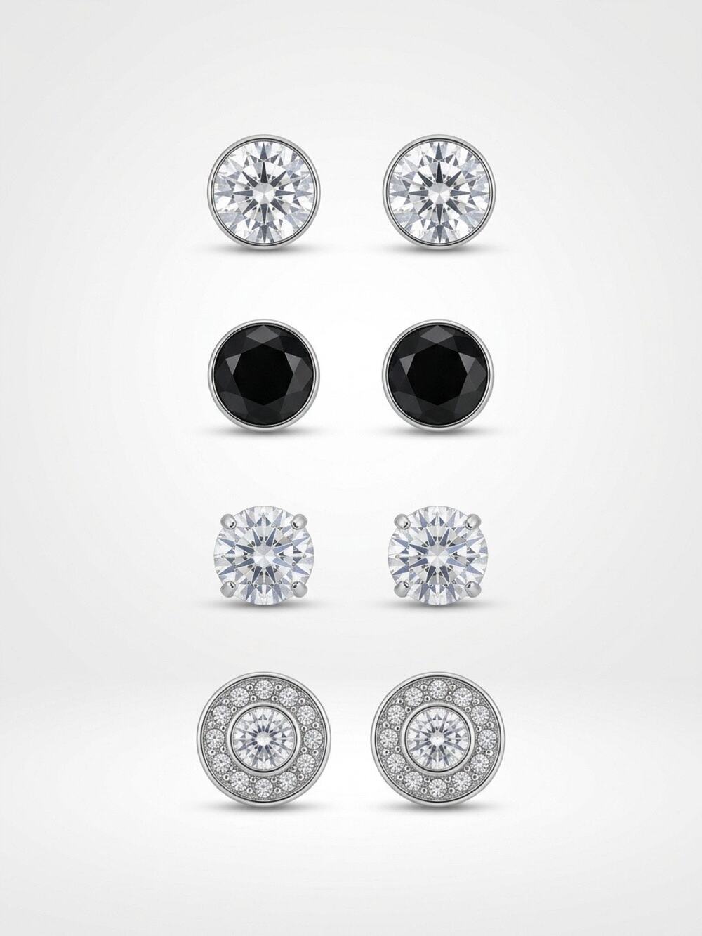 4-Pair Assorted Stud Earring Set – Silver Tone, Clear & Black Stones